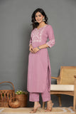 Solid Mauve Linen Emboidered Suit Set
