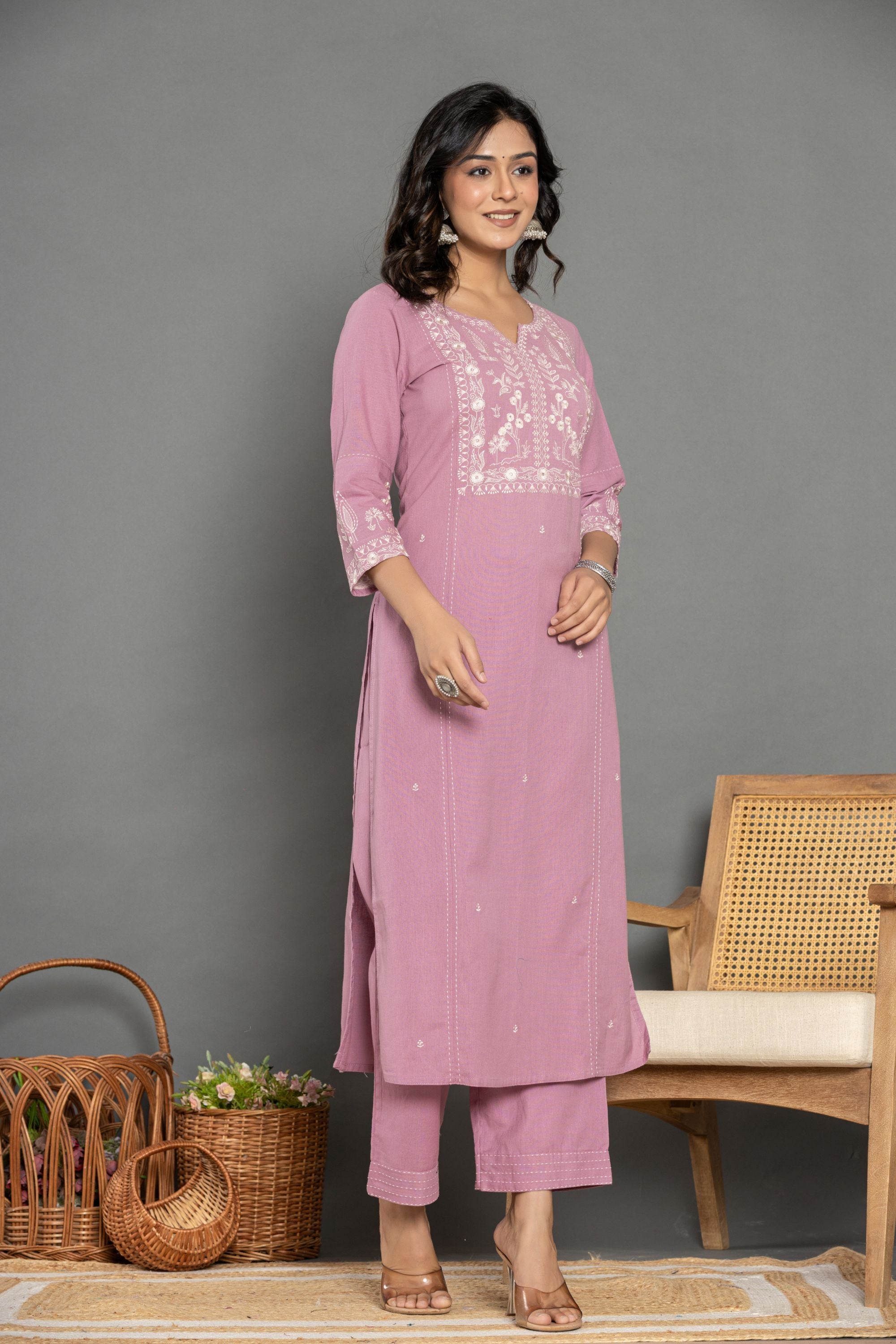Solid Mauve Linen Emboidered Suit Set