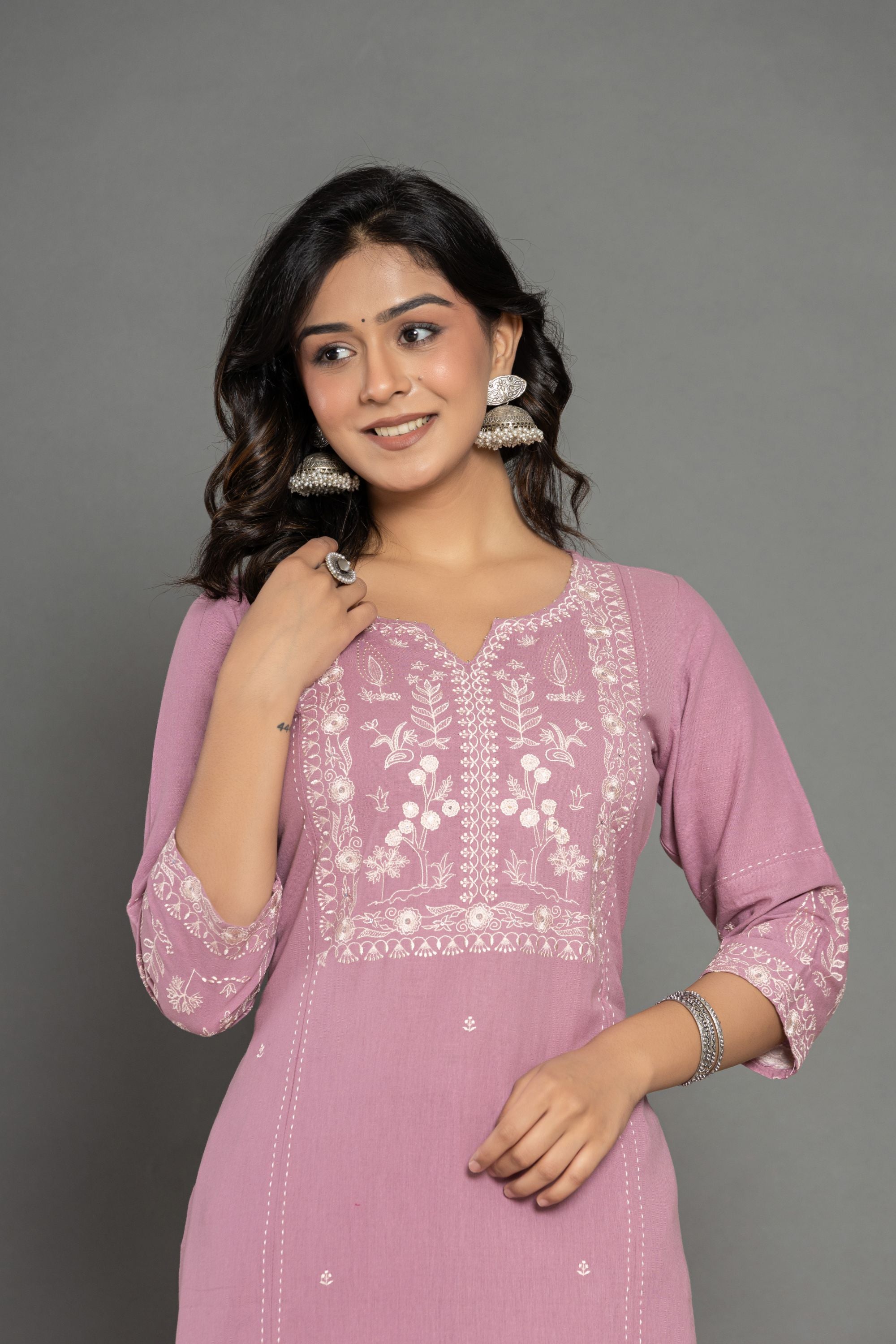 Solid Mauve Linen Emboidered Suit Set