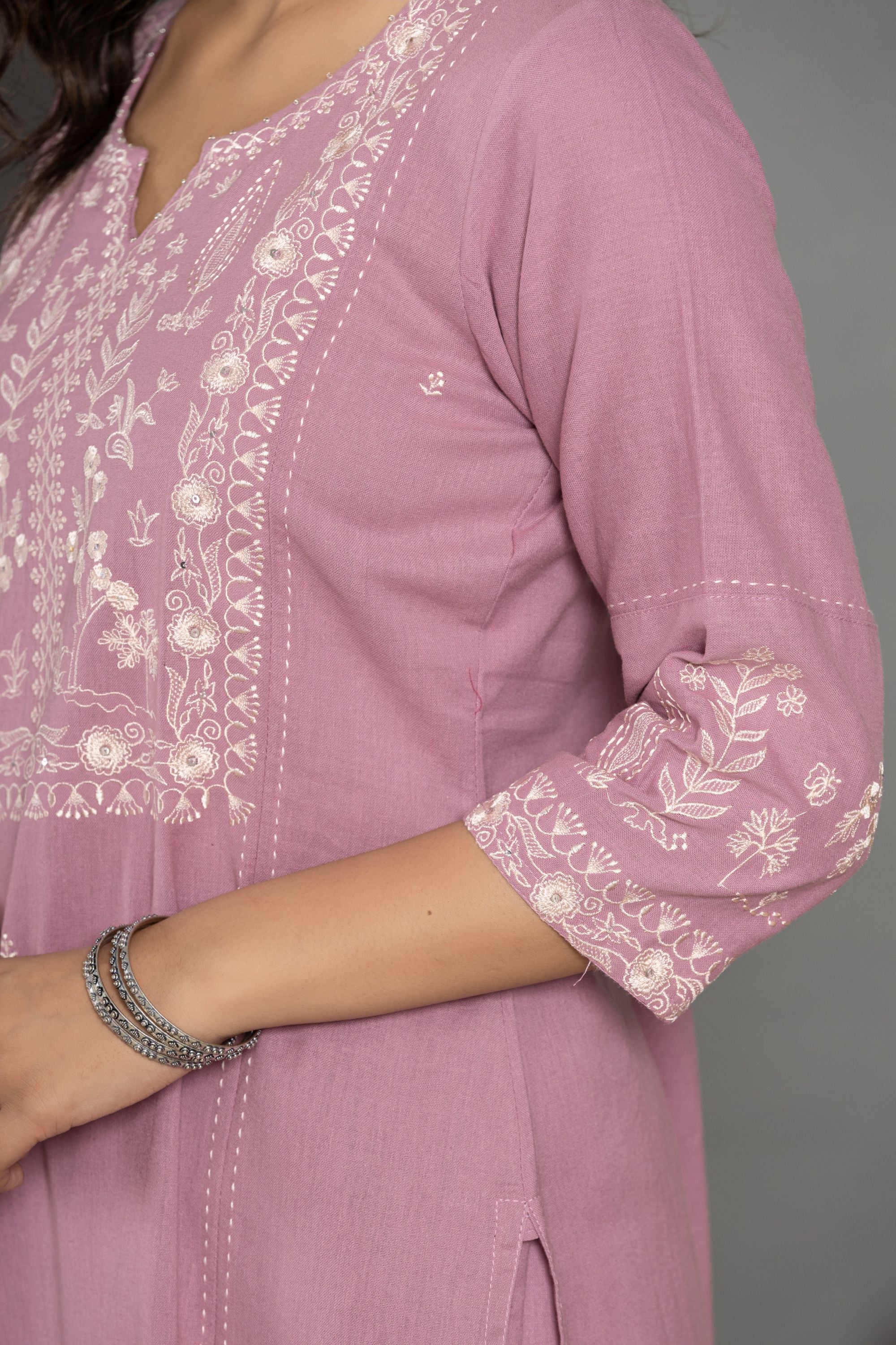 Solid Mauve Linen Emboidered Suit Set
