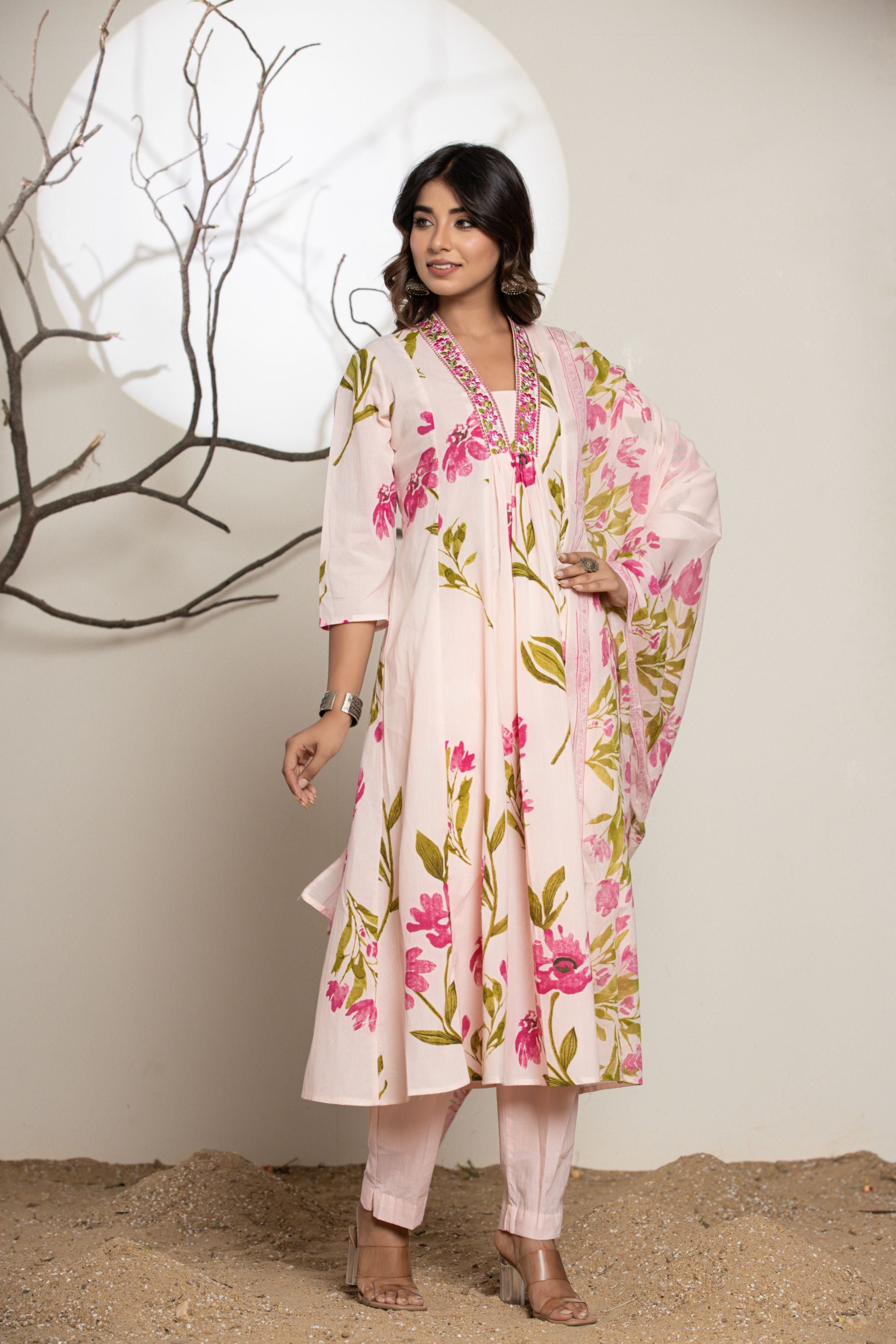 Pastel Pink Flip Collor Cotton Suit Set