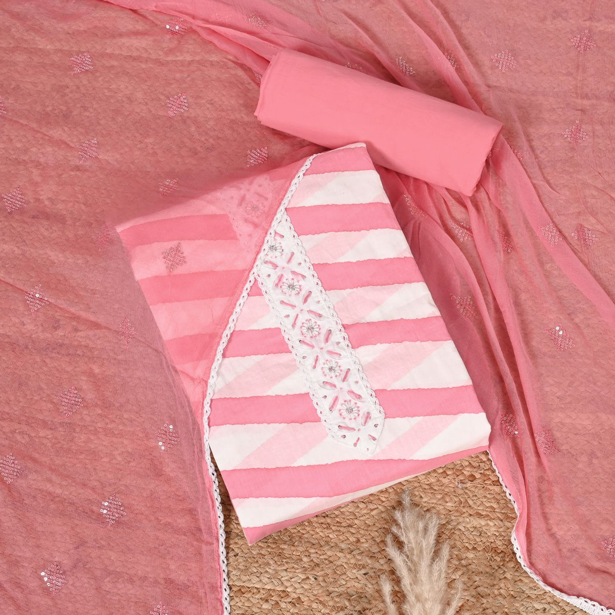 Peach Sea Leheriya Cotton Unstitched Salwar Suit