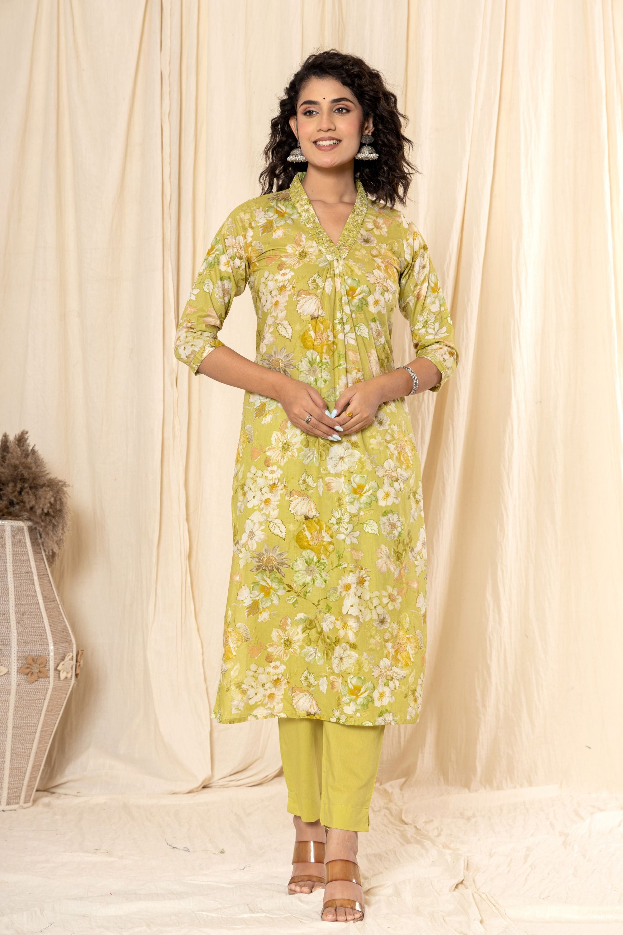 Pear Green Floral Cotton V Neck Suit Set