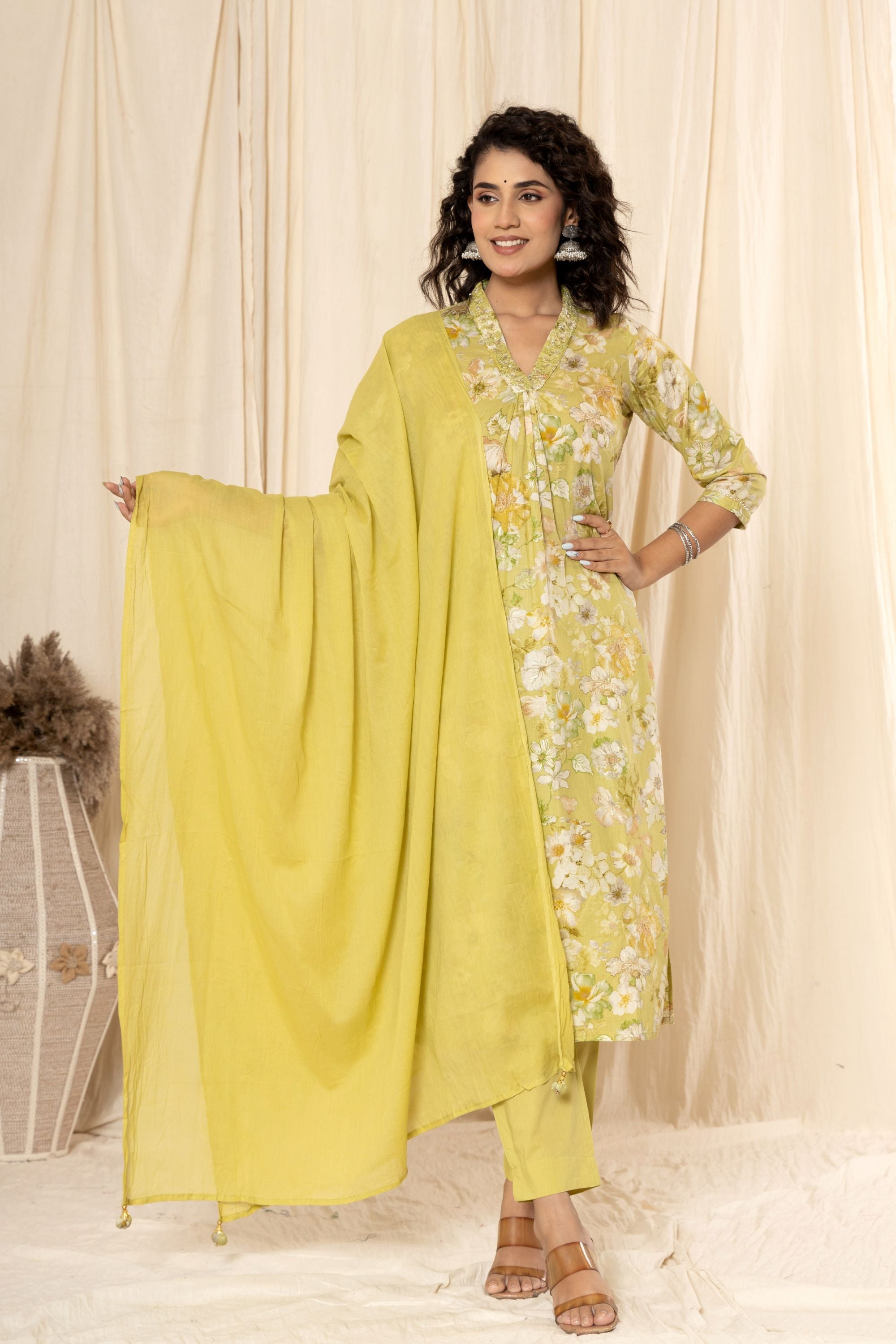 Pear Green Floral Cotton V Neck Suit Set