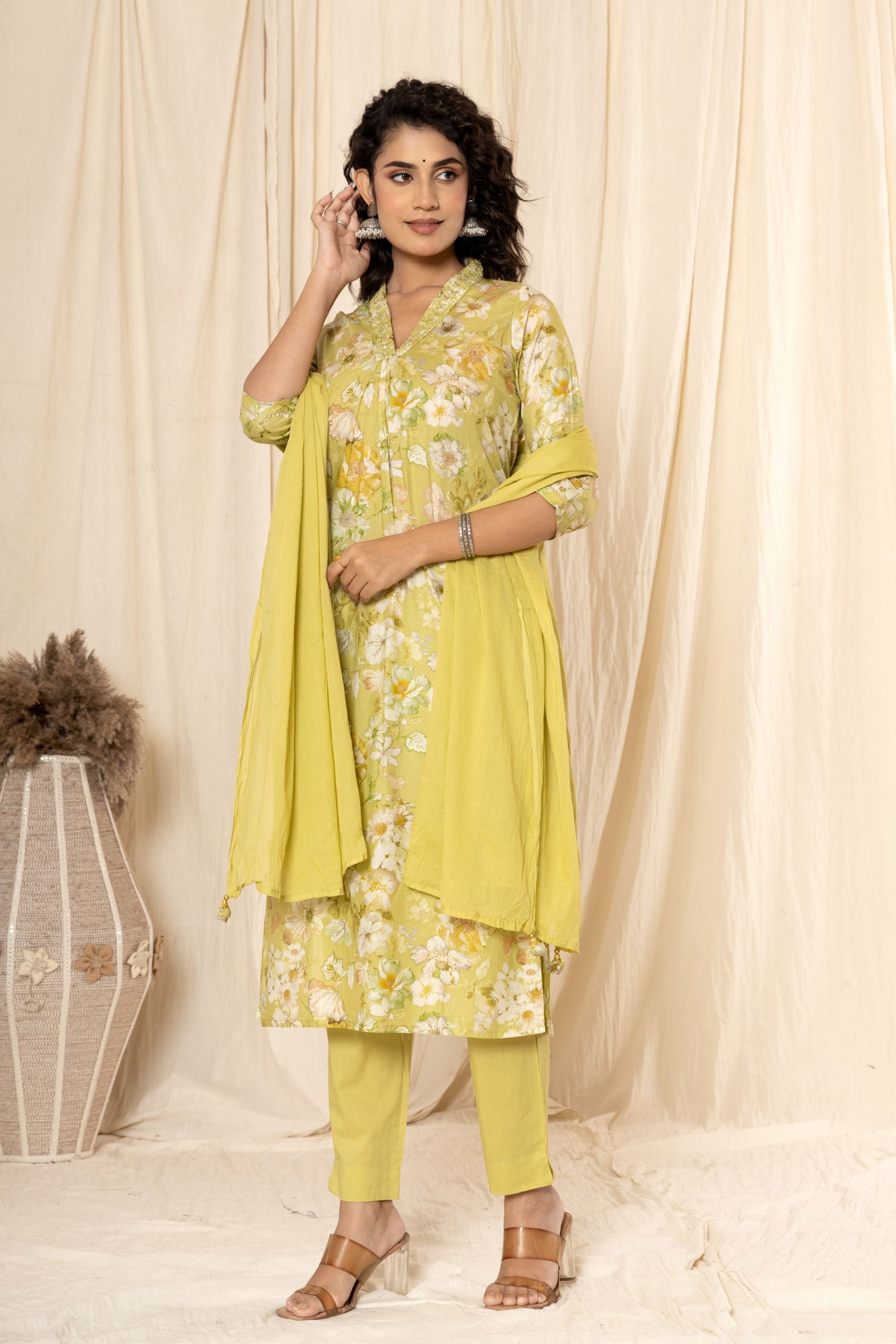 Pear Green Floral Cotton V Neck Suit Set