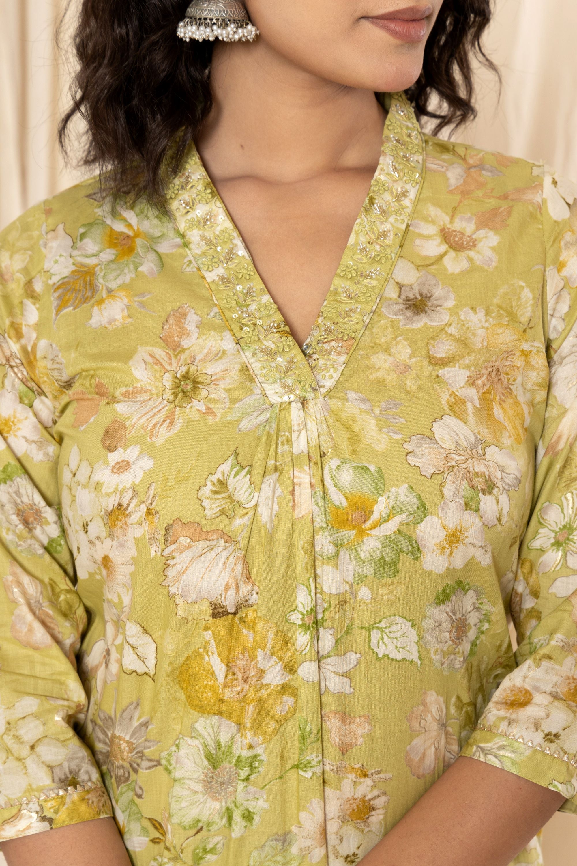 Pear Green Floral Cotton V Neck Suit Set