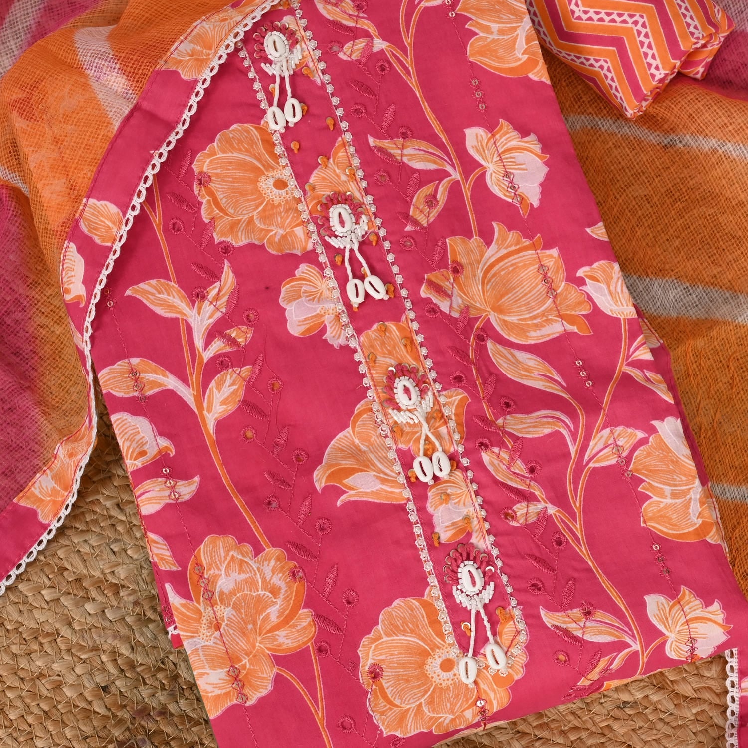 Pink Floral Full Embroidered Cotton Suit Set