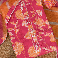 Pink Floral Full Embroidered Cotton Suit Set