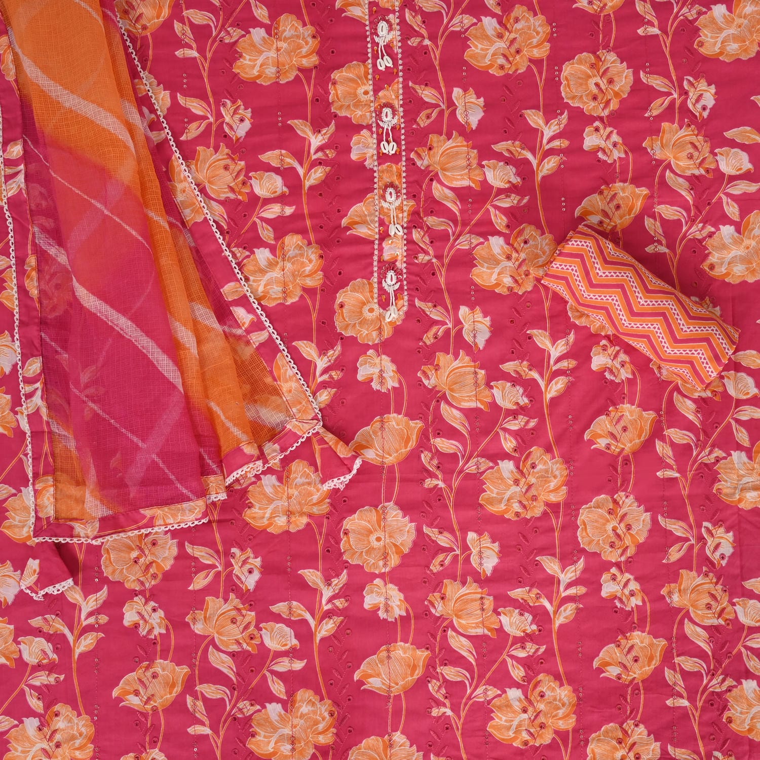 Pink Floral Full Embroidered Cotton Suit Set