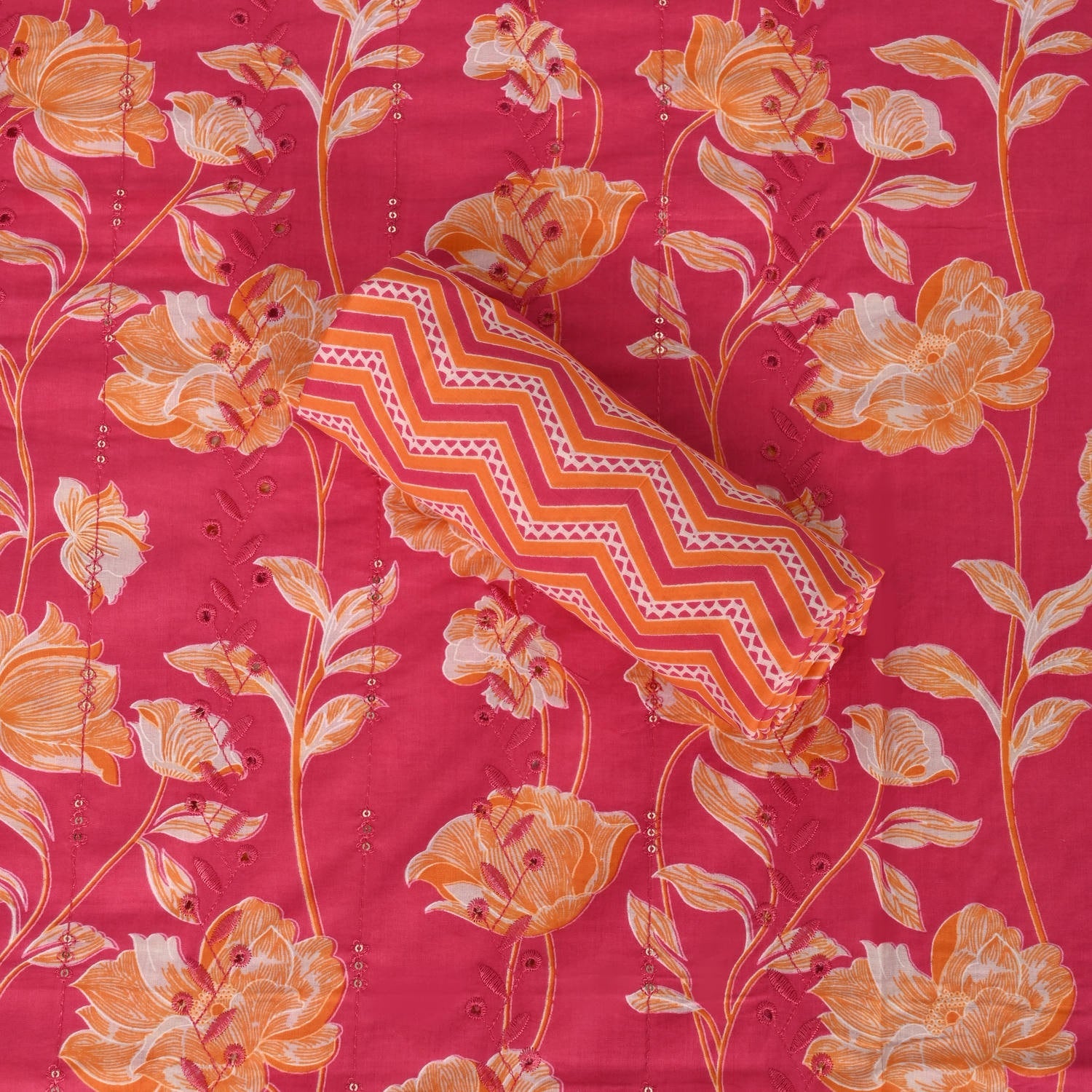 Pink Floral Full Embroidered Cotton Suit Set