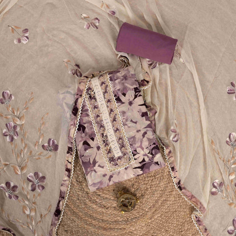 Plum Wine Floral Unstitched Cotton Suit Set