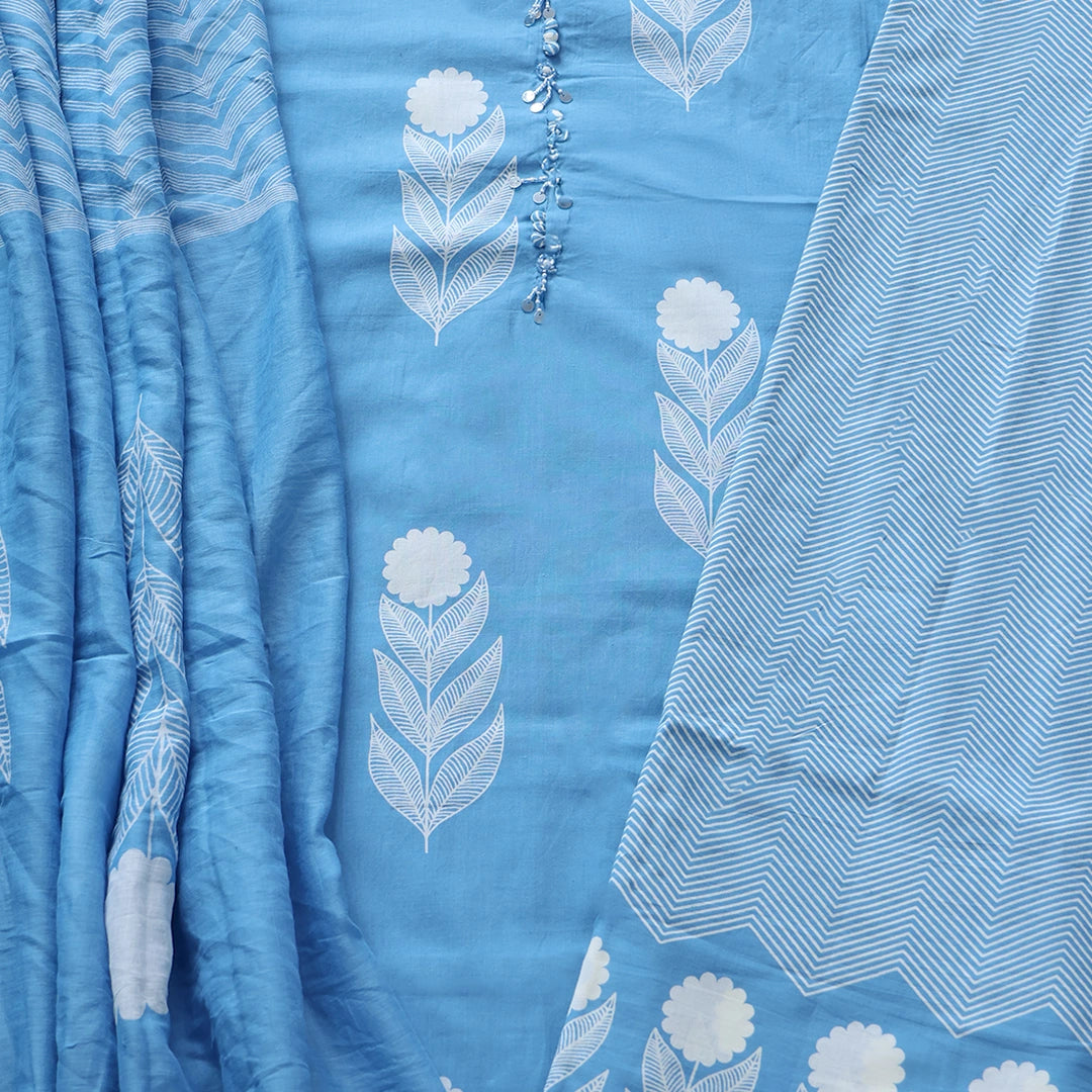 Powder Blue Motif Print Cotton Unstitched Suit Set