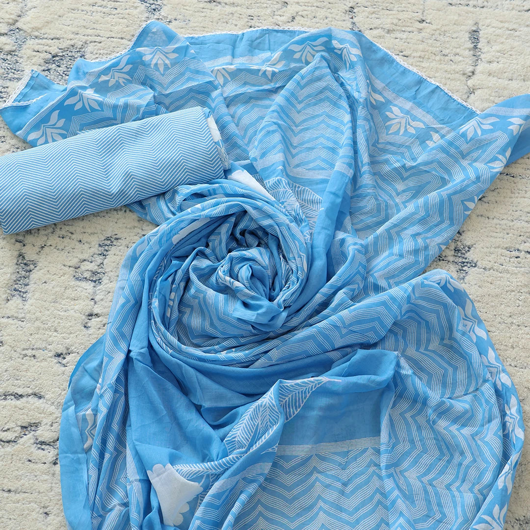 Powder Blue Motif Print Cotton Unstitched Suit Set