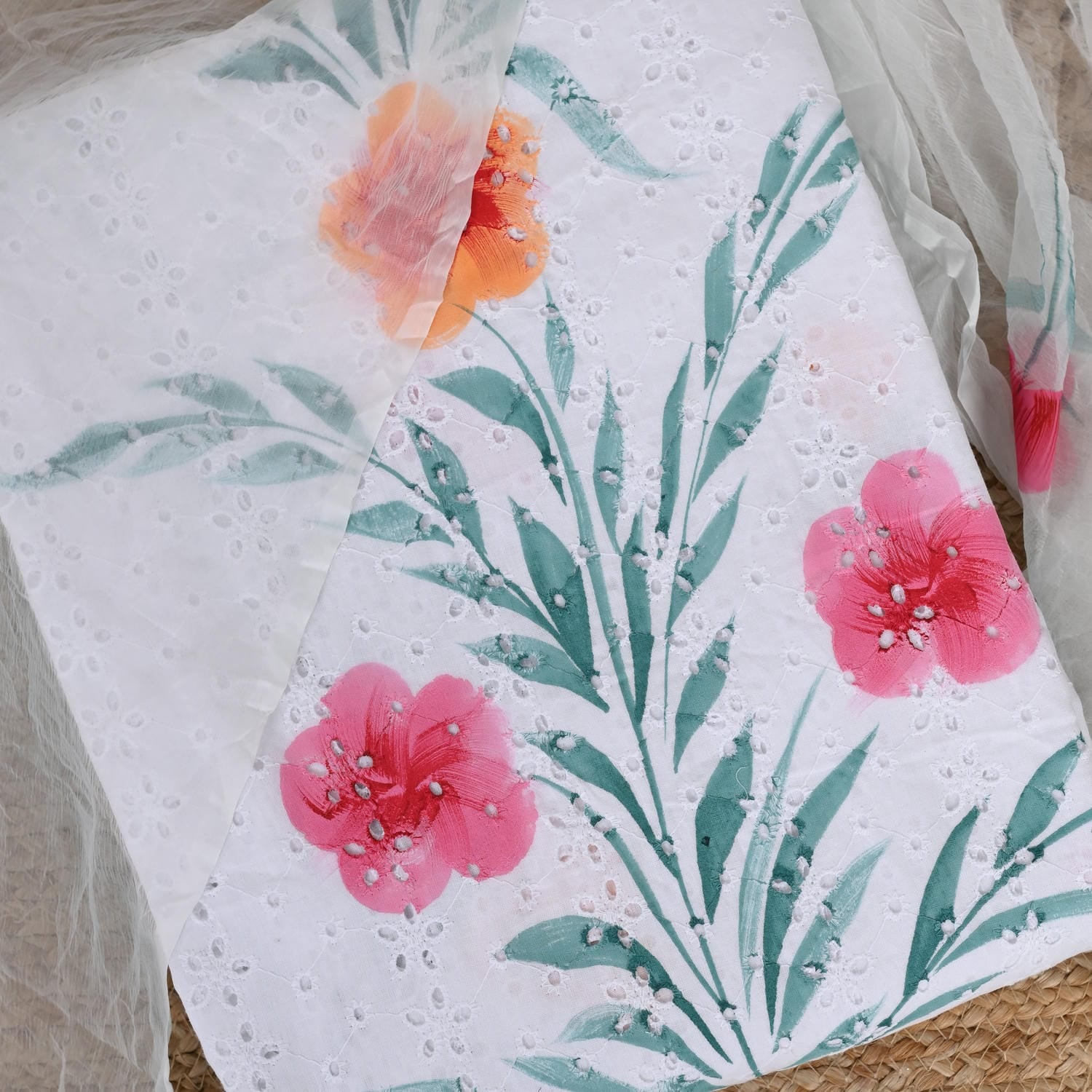 Powder White Krushiya Hand Paint Cotton Suit Set