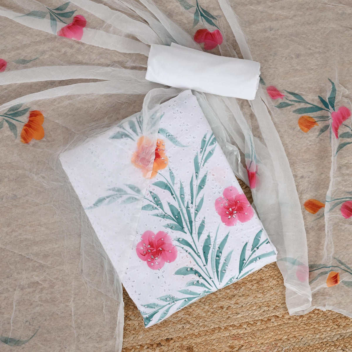 Powder White Krushiya Hand Paint Cotton Suit Set