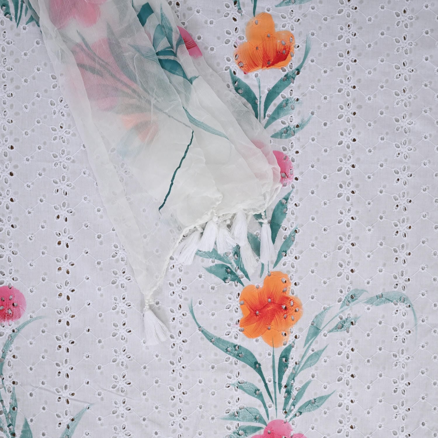 Powder White Krushiya Hand Paint Cotton Suit Set