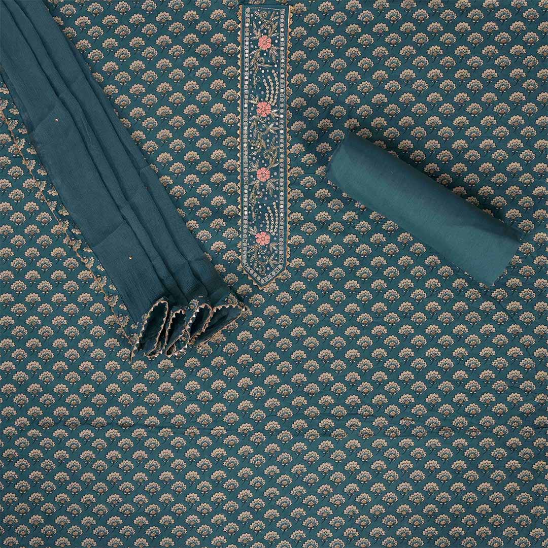 Prussian Blue Bagru Cotton Unstitched Jaipuri Suit Set With Chiffon Dupatta