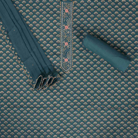 Prussian Blue Bagru Cotton Unstitched Jaipuri Suit Set With Chiffon Dupatta
