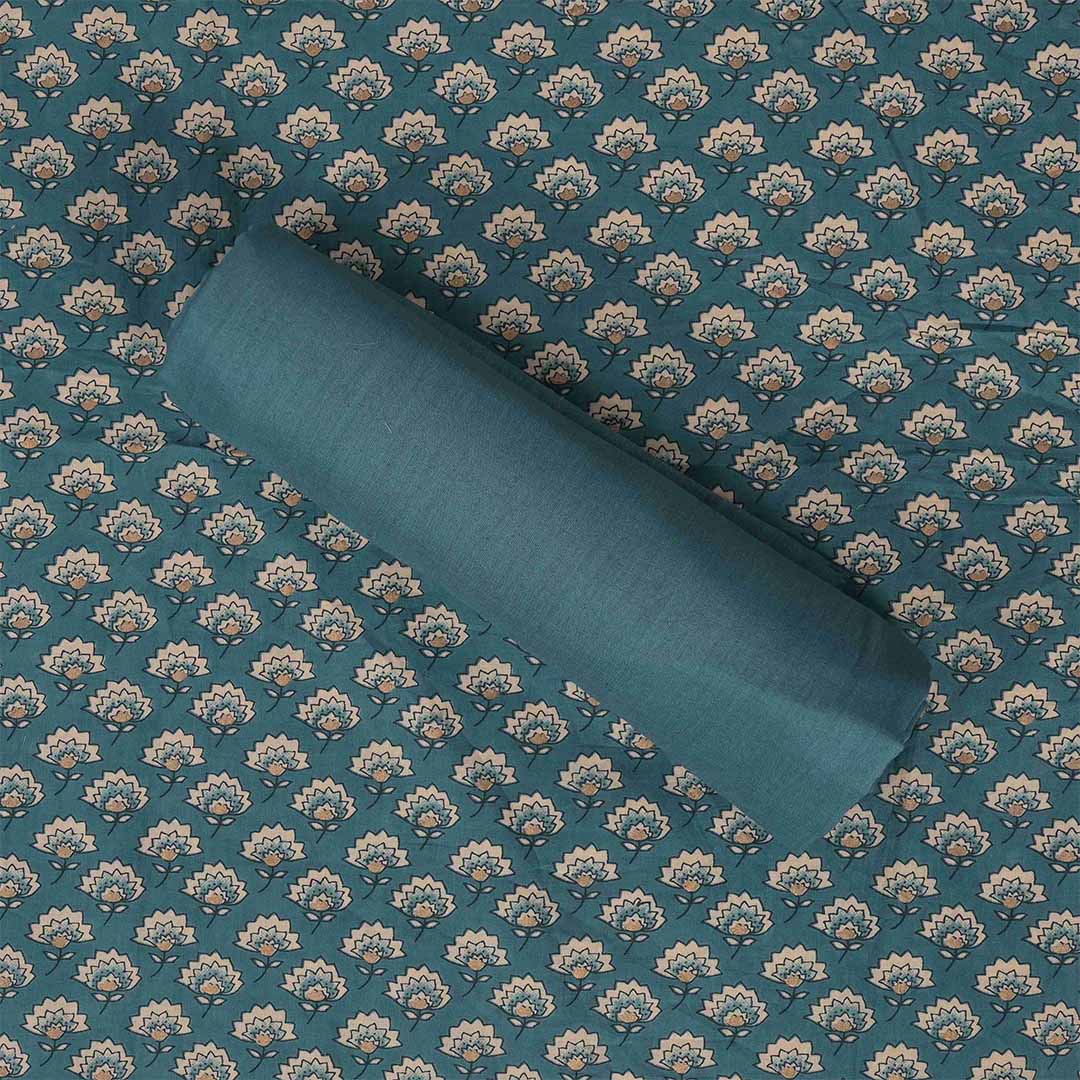 Prussian Blue Bagru Cotton Unstitched Jaipuri Suit Set With Chiffon Dupatta