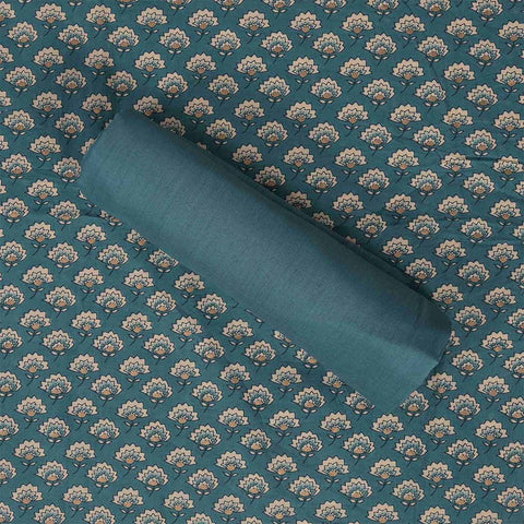 Prussian Blue Bagru Cotton Unstitched Jaipuri Suit Set With Chiffon Dupatta