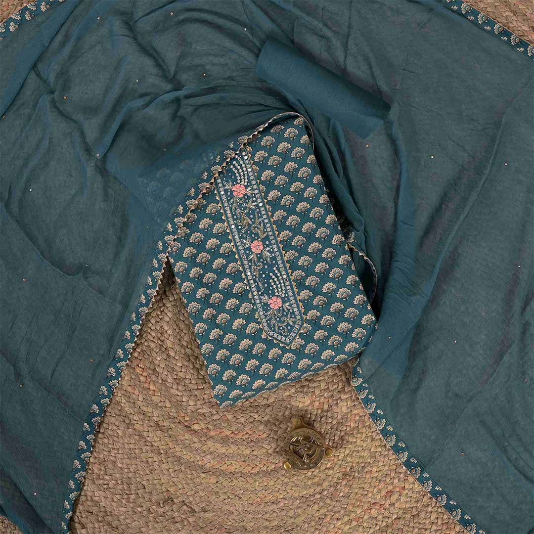 Prussian Blue Bagru Cotton Unstitched Jaipuri Suit Set With Chiffon Dupatta