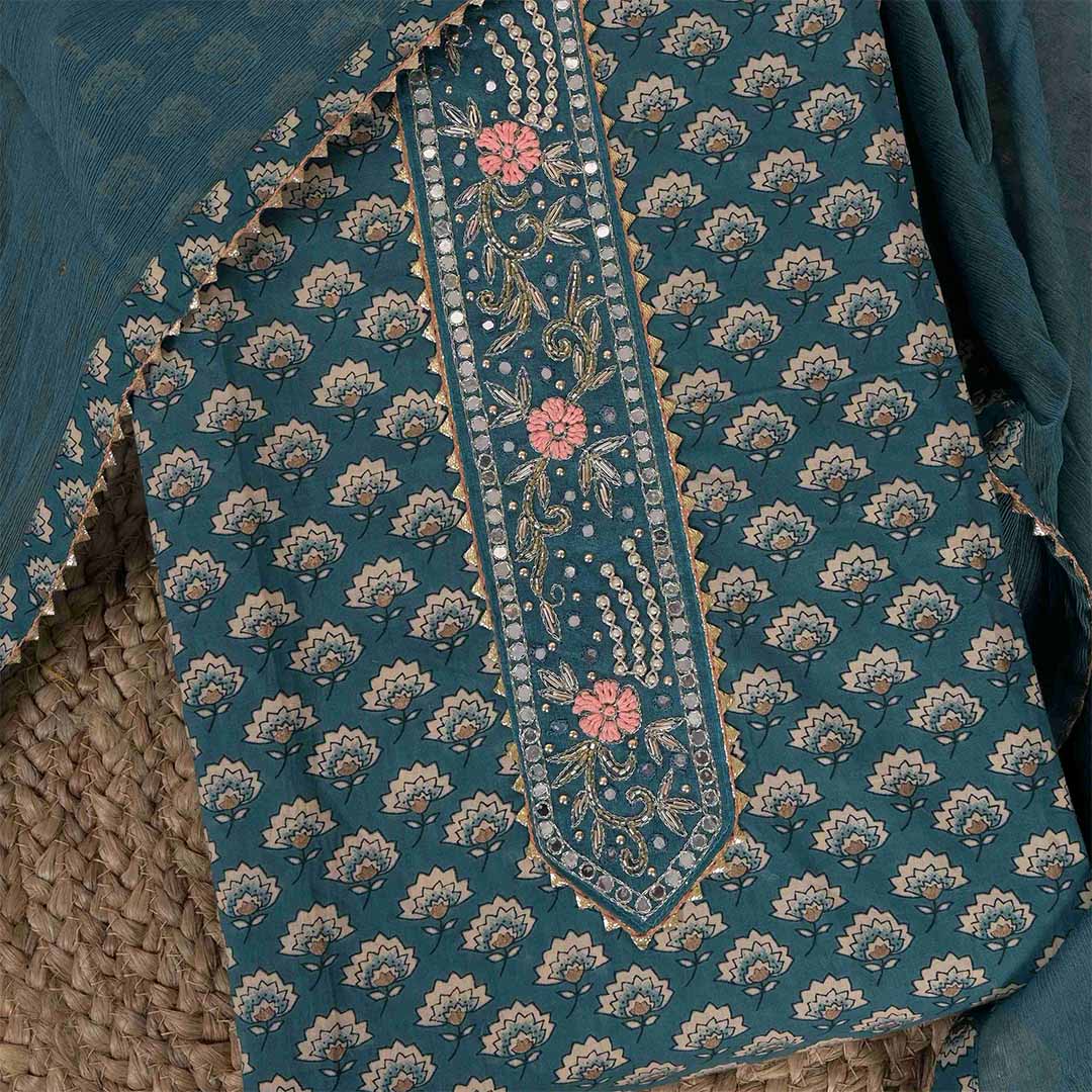 Prussian Blue Bagru Cotton Unstitched Jaipuri Suit Set With Chiffon Dupatta