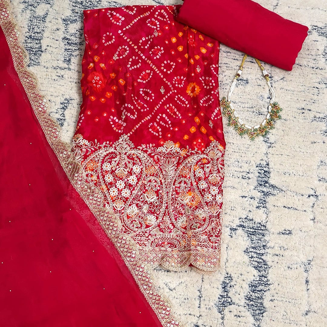 Pure Chinnon Bhandej Unstitched Suit Set