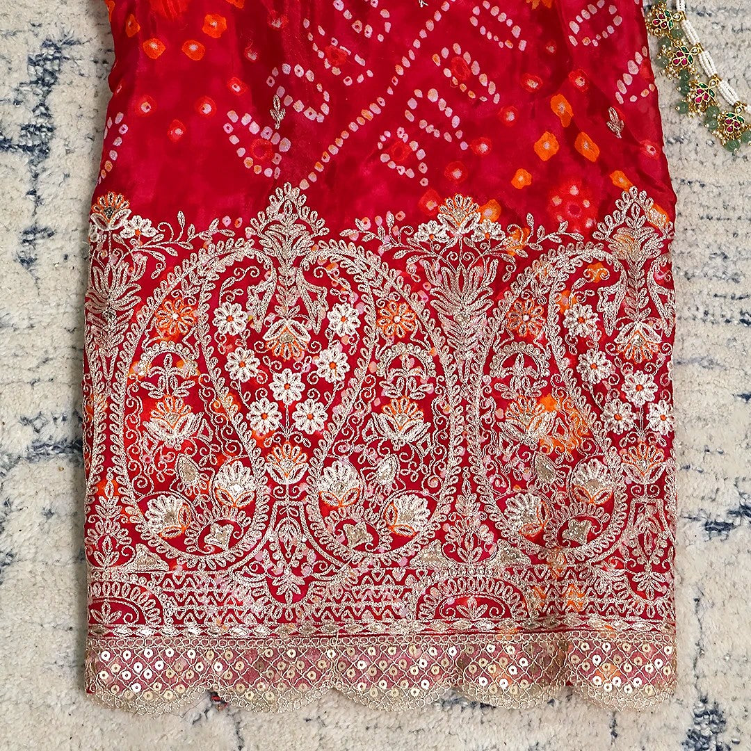 Pure Chinnon Bhandej Unstitched Suit Set