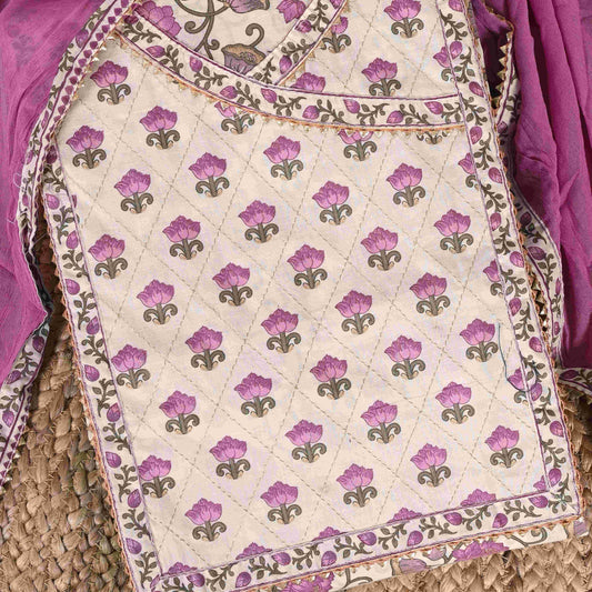 Purple Bagh Print Angrakha Cotton Unstitched Suit Set