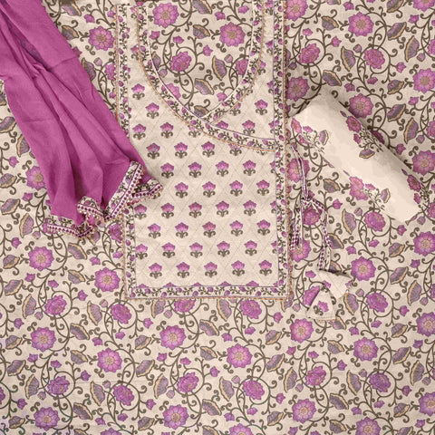 Purple Bagh Print Angrakha Cotton Unstitched Suit Set