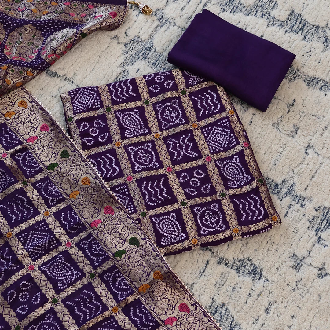Purple Bhandej Silk Unstitched Suit Set