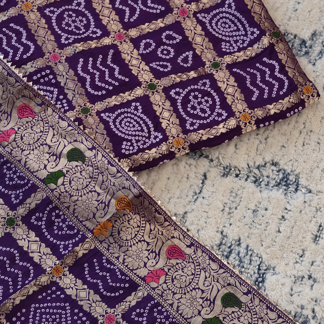 Purple Bhandej Silk Unstitched Suit Set