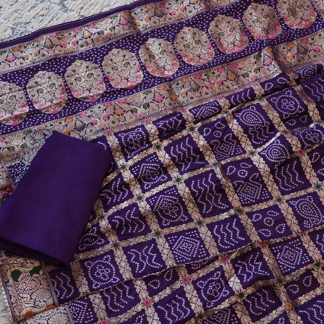 Purple Bhandej Silk Unstitched Suit Set