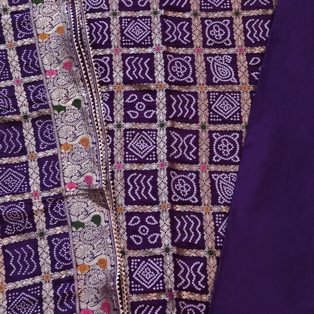 Purple Bhandej Silk Unstitched Suit Set