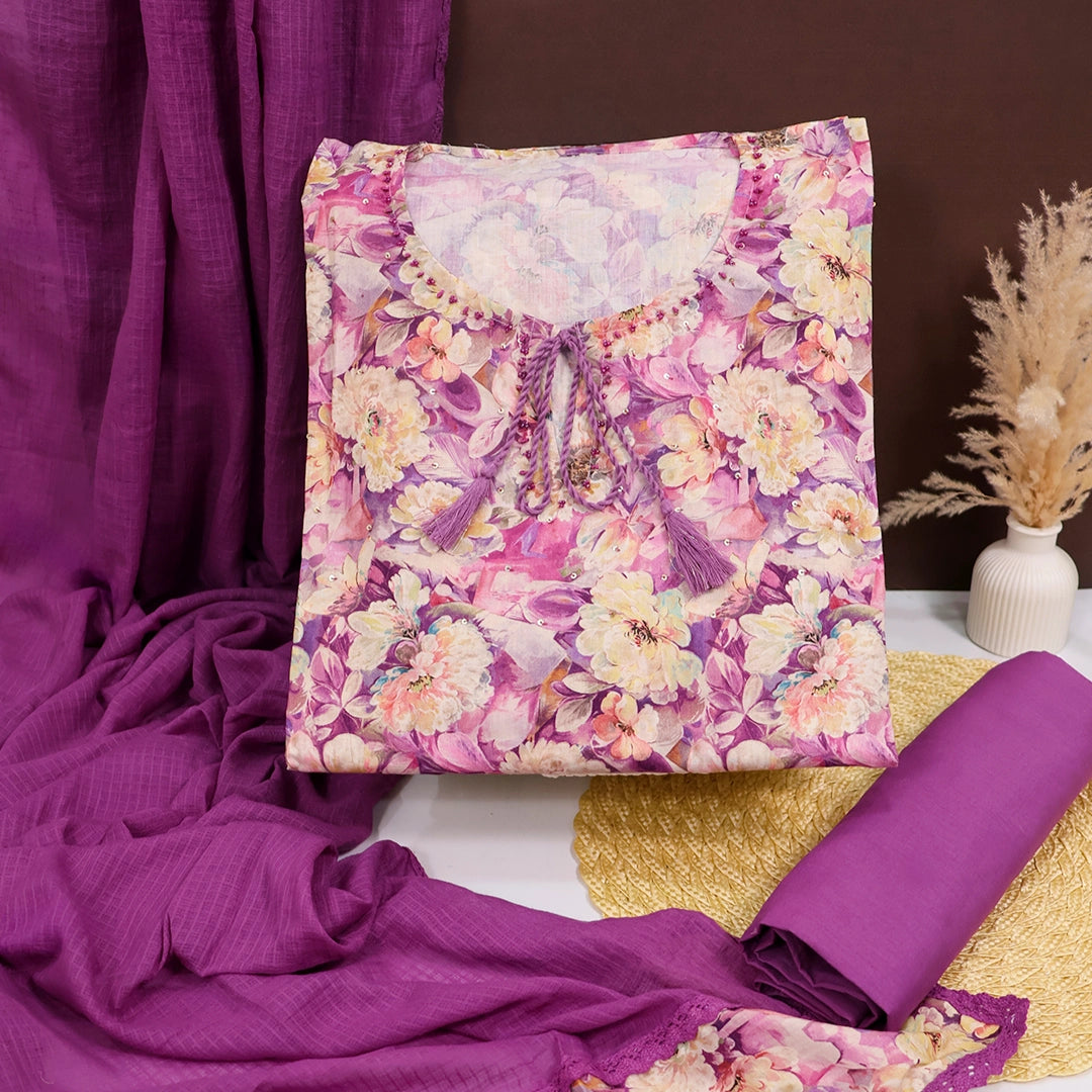 Purple Floral Glazed Cotton Unstitched Suit Set