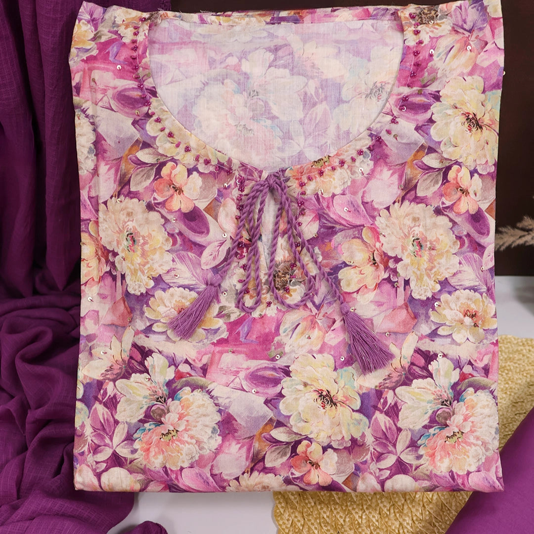 Purple Floral Glazed Cotton Unstitched Suit Set