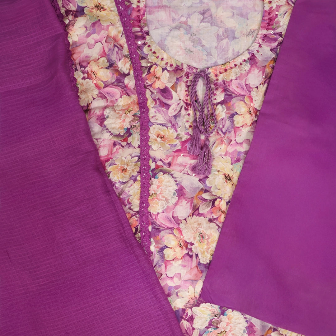 Purple Floral Glazed Cotton Unstitched Suit Set