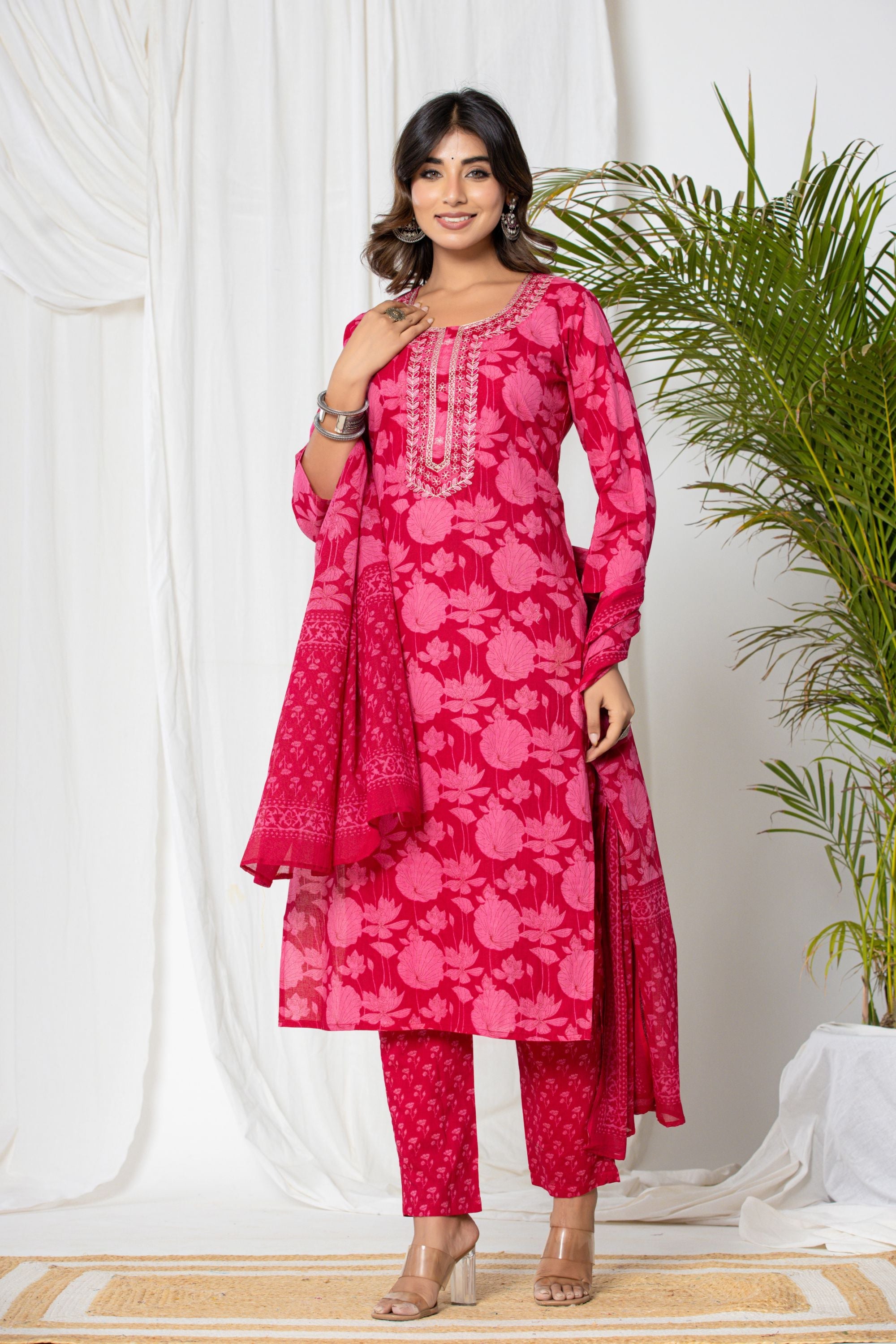 Rani Pink Lotus Print Cotton Suit Set
