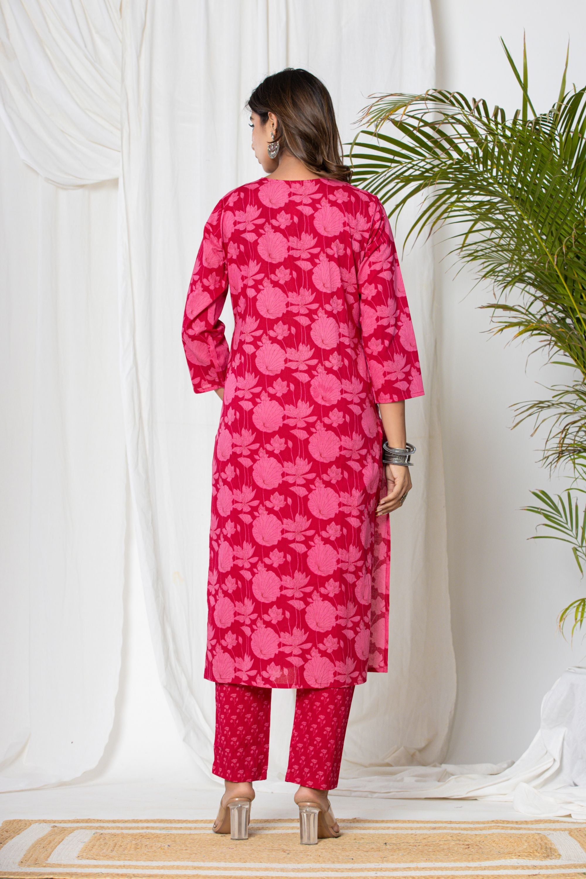 Rani Pink Lotus Print Cotton Suit Set