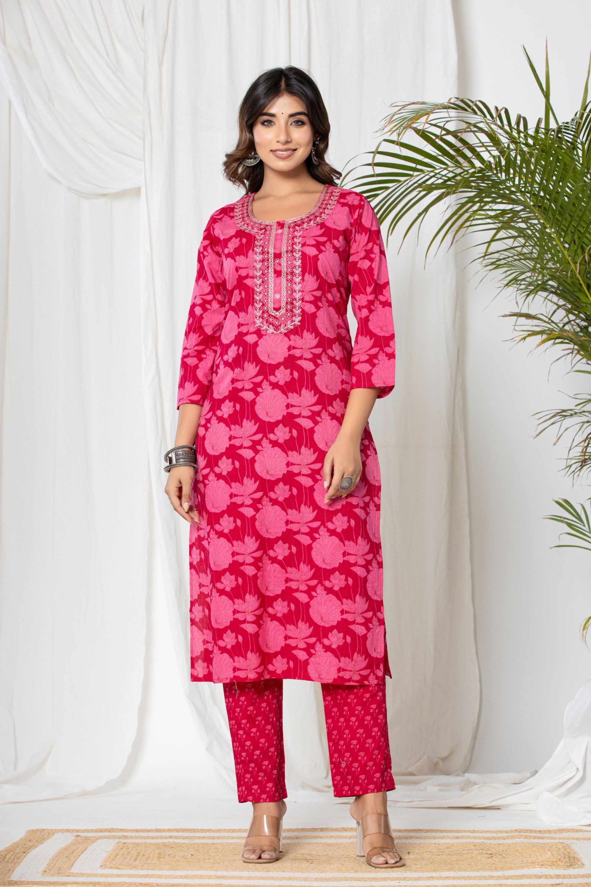 Rani Pink Lotus Print Cotton Suit Set