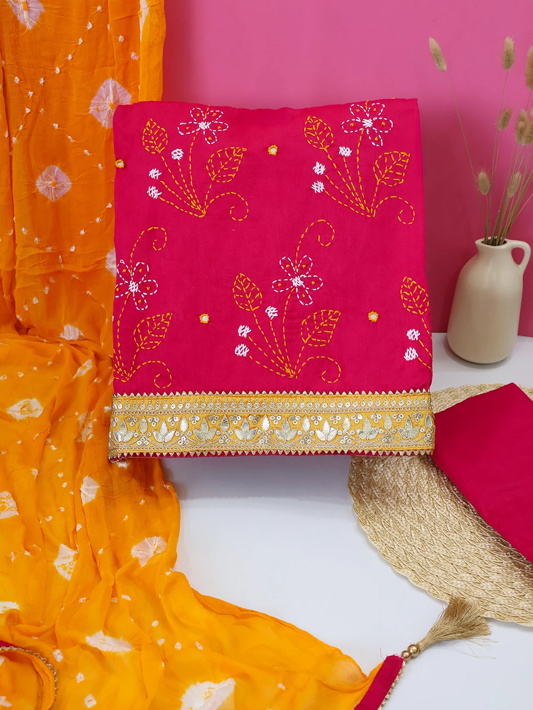 Rani Rangrez Katha Cotton Unstitched Suit Set