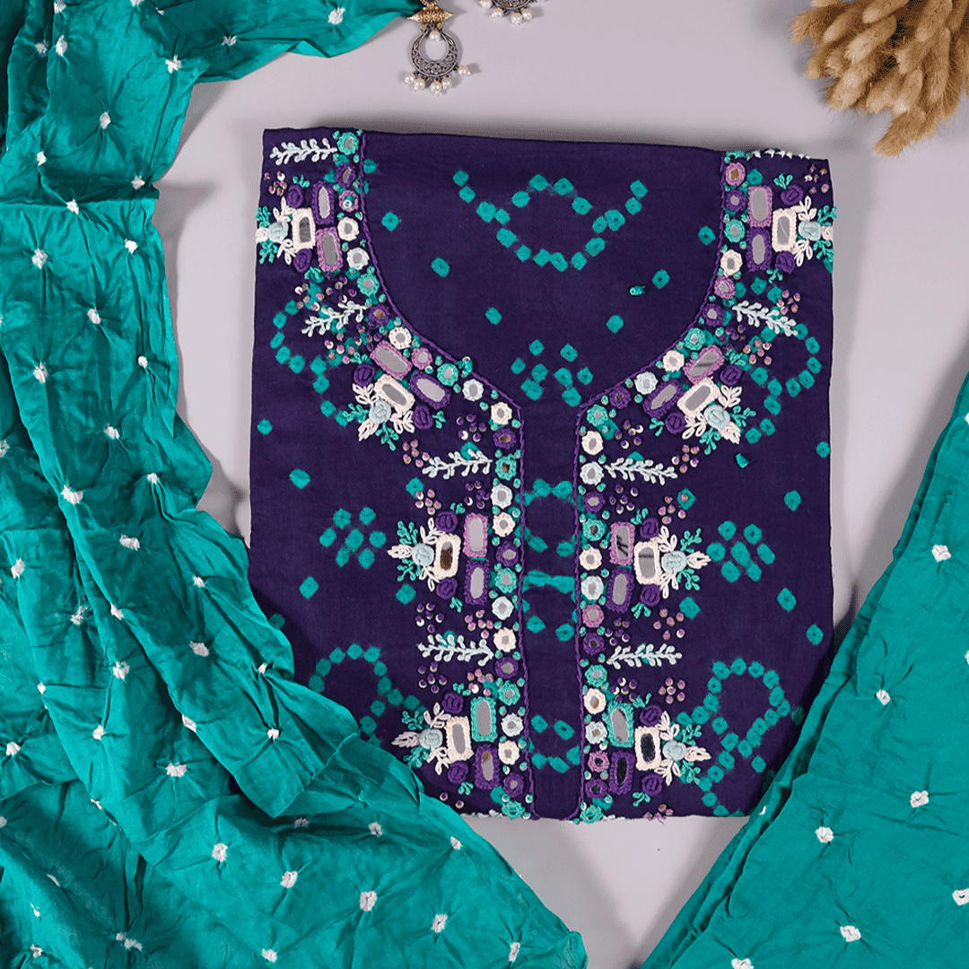 Rarest Blue Bhandej Cotton Unstitched Suit Set