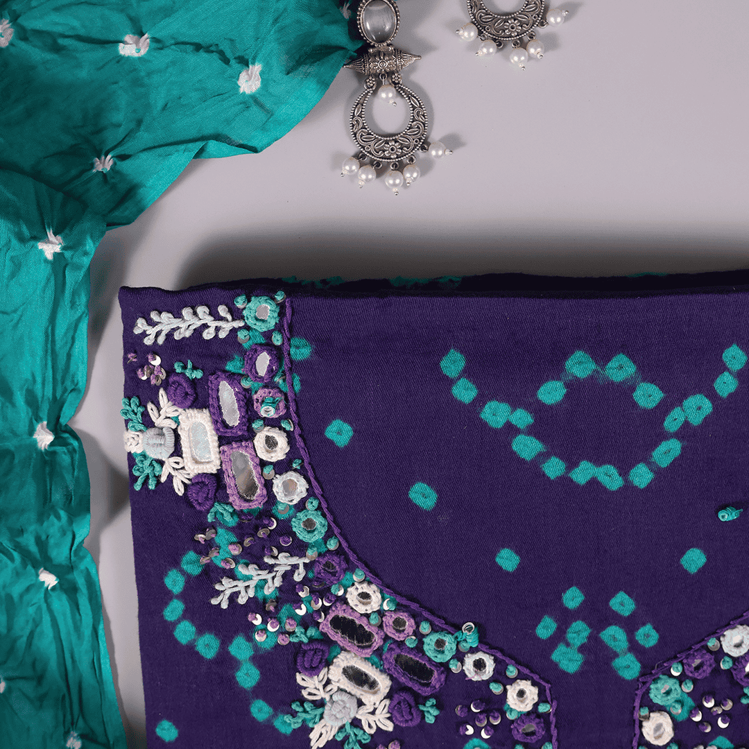 Rarest Blue Bhandej Cotton Unstitched Suit Set