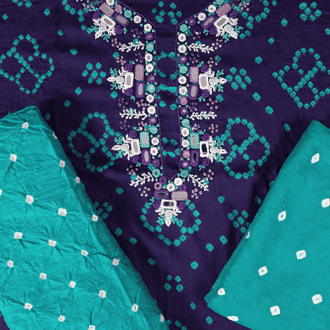 Rarest Blue Bhandej Cotton Unstitched Suit Set