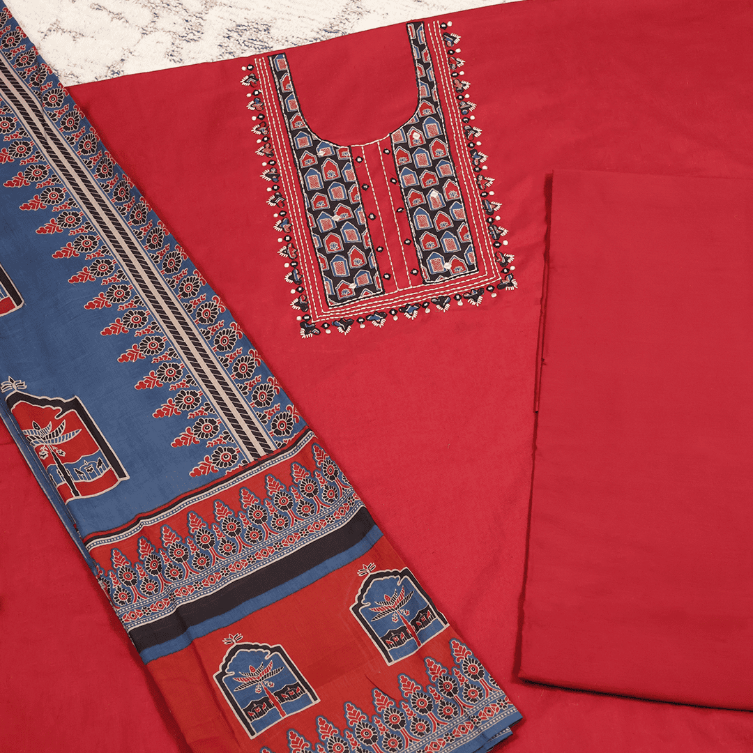 Red Ajrakh Cotton Unstitched Suit Set
