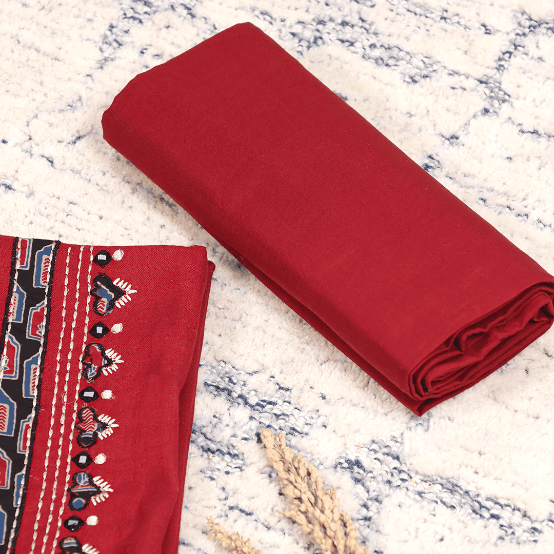 Red Ajrakh Cotton Unstitched Suit Set