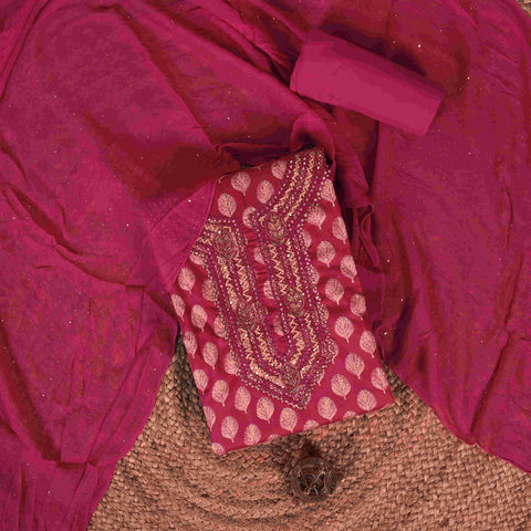 Ruby Red Feather Print Cotton Unstitched Suit Set