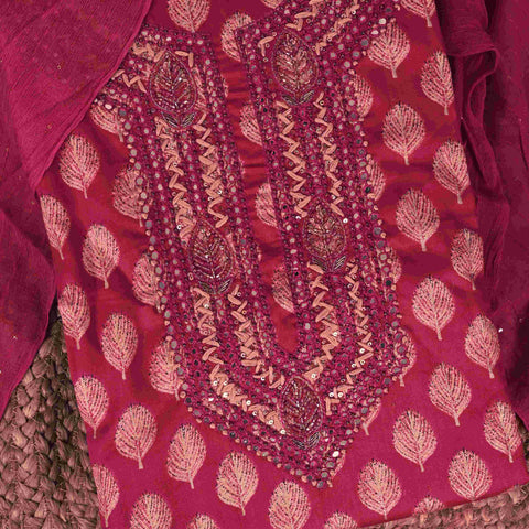 Ruby Red Feather Print Cotton Unstitched Suit Set