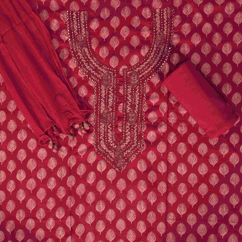Ruby Red Feather Print Cotton Unstitched Suit Set
