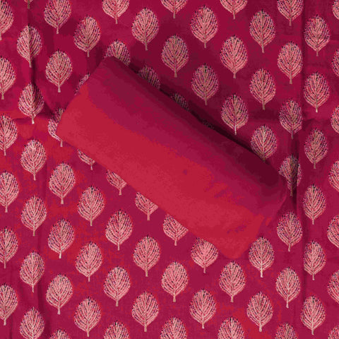 Ruby Red Feather Print Cotton Unstitched Suit Set